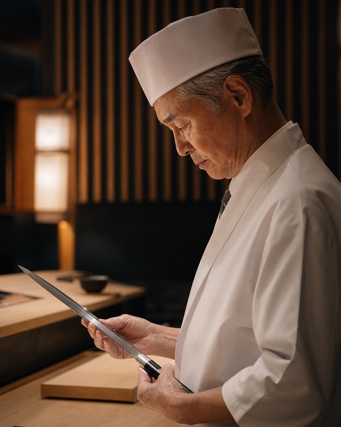 Sushi master inspecting his knife