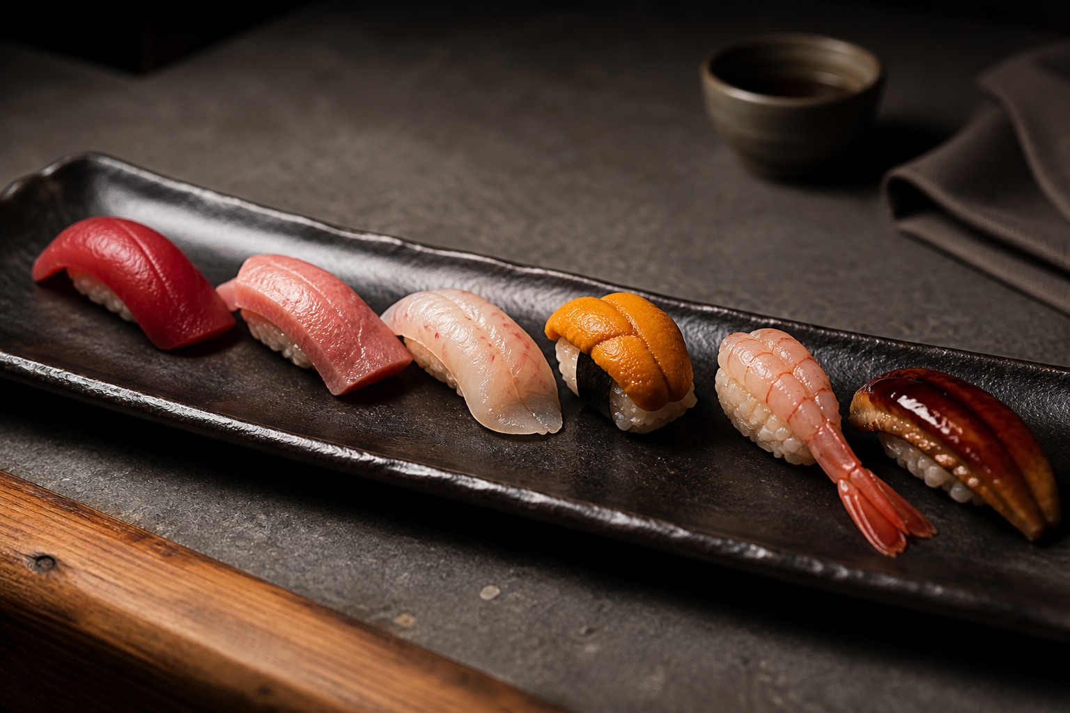 A seasonal selection of nigiri on black ceramic